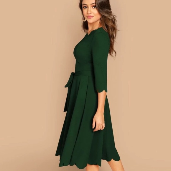 Scalloped midi dress quarter long sleeve belted - Picture 6 of 8